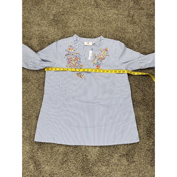 Quacker Factory by Jeanne Bice Floral Pop Over Blouse Top Striped Blue M - Picture 3 of 5